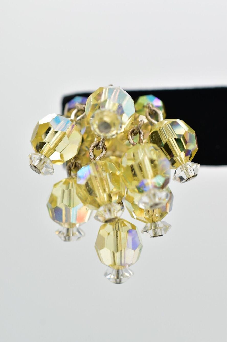 Vintage AB Yellow Crystal Clip On Chandelier Earrings Cluster Chunky 1950s A24